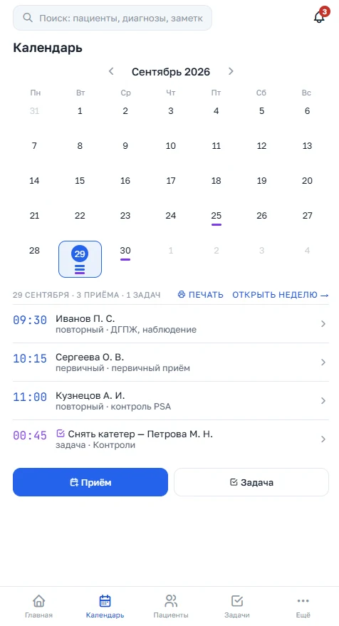 Календарь приёмов и задач на день